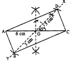 Construct a rectangle ABCD; if : each diagonal is 6 cm and the angle between them is 45°.