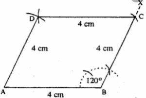 Construct a rhombus ABCD, if ;  AB = 4 cm and ∠B = 120°.