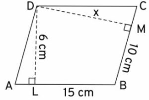 The adjacent sides of a parallelogram are 15 cm and 10 cm. If the distance between the longer sides is 6 cm, find the distance between the shorter sides.