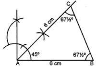 One of the equal sides = 6 cm and vertex angle = 45°. Measure the base angles.