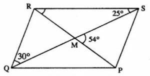 PQRS is a parallelogram whose diagonals intersect at M. If ∠PMS = 54°, ∠QSR = 25° and ∠SQR = 30° ; find :  (i) ∠RPS (ii) ∠PRS (iii) ∠PSR.