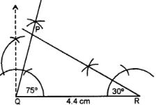 QR = 4.4 cm, ∠R = 30° and ∠Q = 75°. Measure PQ and PR.