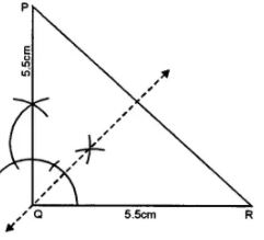 Construct a triangle PQR such that PQ = QR = 5 .5 cm and angle PQR = 90°. If possible, draw its lines of symmetry.