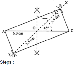 Construct a parallelogram ABCD, if : lengths of diagonals AC and BD are 6.3 cm and 7.0 cm respectively, and the angle between them is 45°.