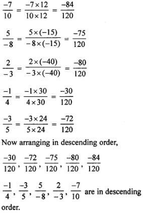 Question 6. Arrange the rational numbers -7/19, 5/-8, 2/-3, -1/4, -3/5 in descending order.