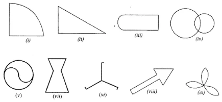 Question 1. Draw the line (or lines) of symmetry, if any, of the following shapes and count their number.
