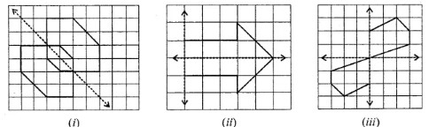 Question 5. Copy the following figures on a squared paper and complete each figure such that the resultant figure is symmetrical about the dotted line (or lines):