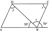 Question 14. In the given figure, ABCD is a parallelogram, the values of x, y and z respectively are