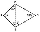 Question 6. In the given figure, ABCD is a kite. If ∠BCD = 52° and ∠ADB = 42°, find the values of x, y, and z.