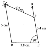 Question 9. Construct a quadrilateral BEST where BE = 3.8 cm, ES = 3.4 cm, ST = 4.5 cm, TB = 5 cm and ∠E = 80°.