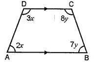In a quadrilateral ABCD, AB || DC. If ∠A : ∠D = 2:3 and ∠B : ∠C = ∠7 : 8, find the measure of each angle.