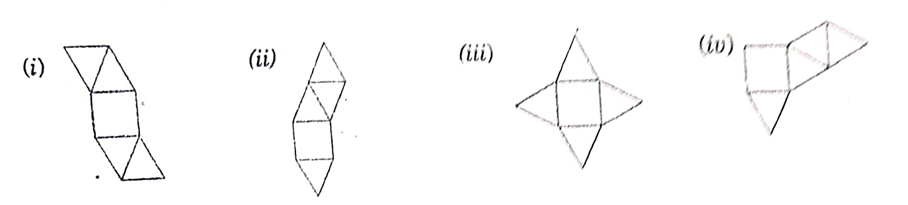 Which of the following four nets cannot be folded to form a square pyramid ?