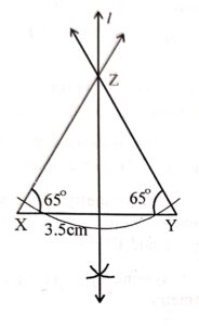 Construct a triangle XYZ such that XY = 3.5 cm and ∠X = ∠Y = 65°. Draw the lines of symmetry for this triangle.