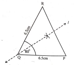 Construct an angle ∠ PQR = 80°. Draw its line of symmetry if PQ = QR = 6.5 cm.