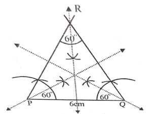 Construct a triangle PQR having PQ = 6 cm, ∠P= ∠R = 60° and draw all possible lines of symmetry.