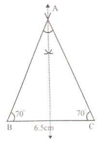Construct a triangle ABC such that BC = 6.5 cm and ∠B = ∠C = 70°. Draw all possible lines of symmetry.