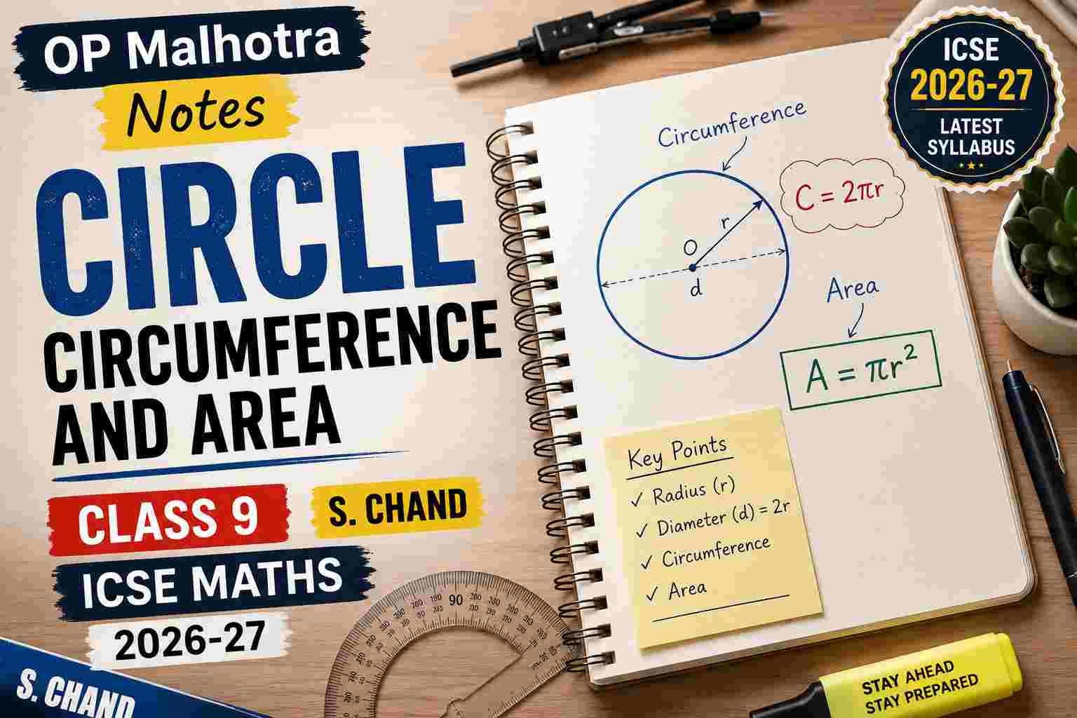 OP Malhotra Notes on Circle Circumference and Area Class-9 S.Chand ICSE Maths 2026-27