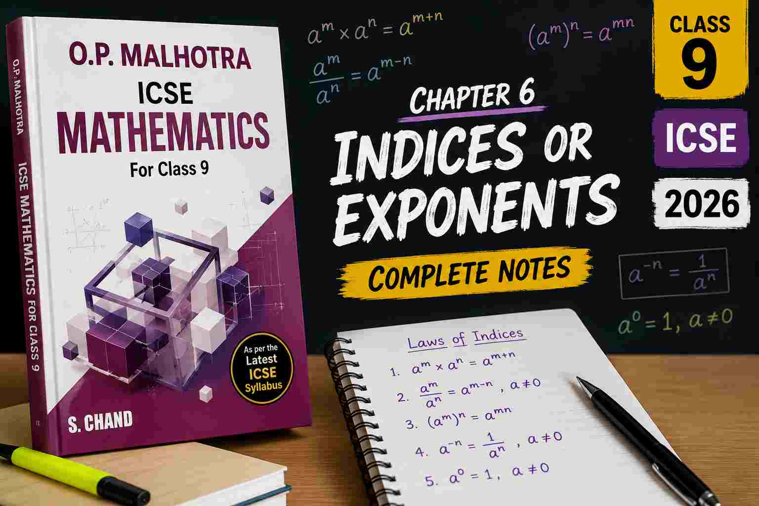 OP Malhotra Notes on Indices or Exponents Class-9 S.Chand ICSE Maths Ch-6 2026