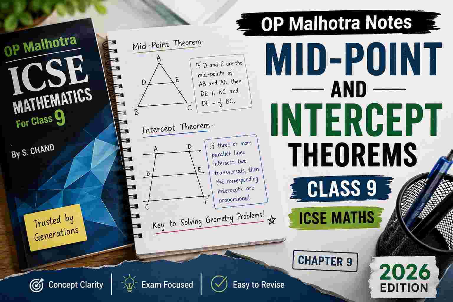 OP Malhotra Notes on Mid-Point and Intercept Theorems Class-9 S.Chand ICSE Maths Ch-9 2026