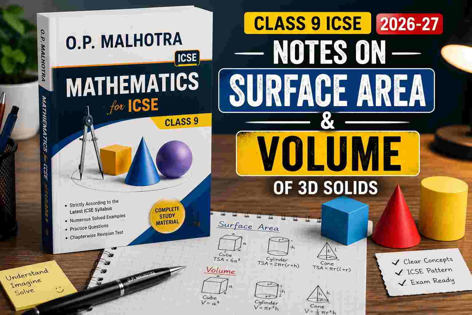 OP Malhotra Notes on Surface Area and Volume of 3D Solids Class-9 ICSE Maths 2026-27