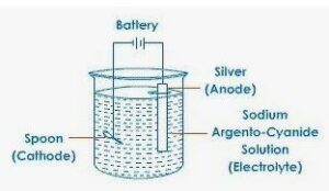 By drawing a neat diagram write the reactions which take place at the cathode and anode during silver plating.