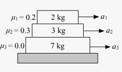 Find the accelerations a1, a2, a3 of the three blocks shown in the following figure if a horizontal force of 10 N is applied on (a) 2 kg block, (b) 3 kg block, (c) 7 kg block. Take g = 10 m/s2.