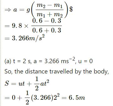 In a simple Atwood machine, two unequal masses m1 and m2 are connected by a string going over a clamped light smooth pulley. In a typical arrangement (In the following figure), m1 = 300 g and m2 = 600 g. The system is released from rest. (a) Find the distance travelled by the first block in the first two seconds; 