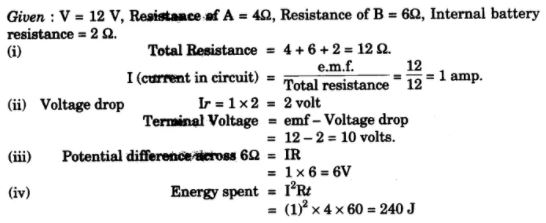A battery of emf 12V and internal resistance 2Ω is connected with two resistors A and B of resistance 4Ω and 6Ω respectively joined in series.