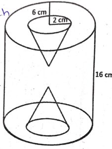  A solid wooden cylinder is of radius 6 cm and height 16 cm. Two cones each of radius 2 cm and height 6 cm are drilled out of the cylinder. Find the volume of the remaining solid.
