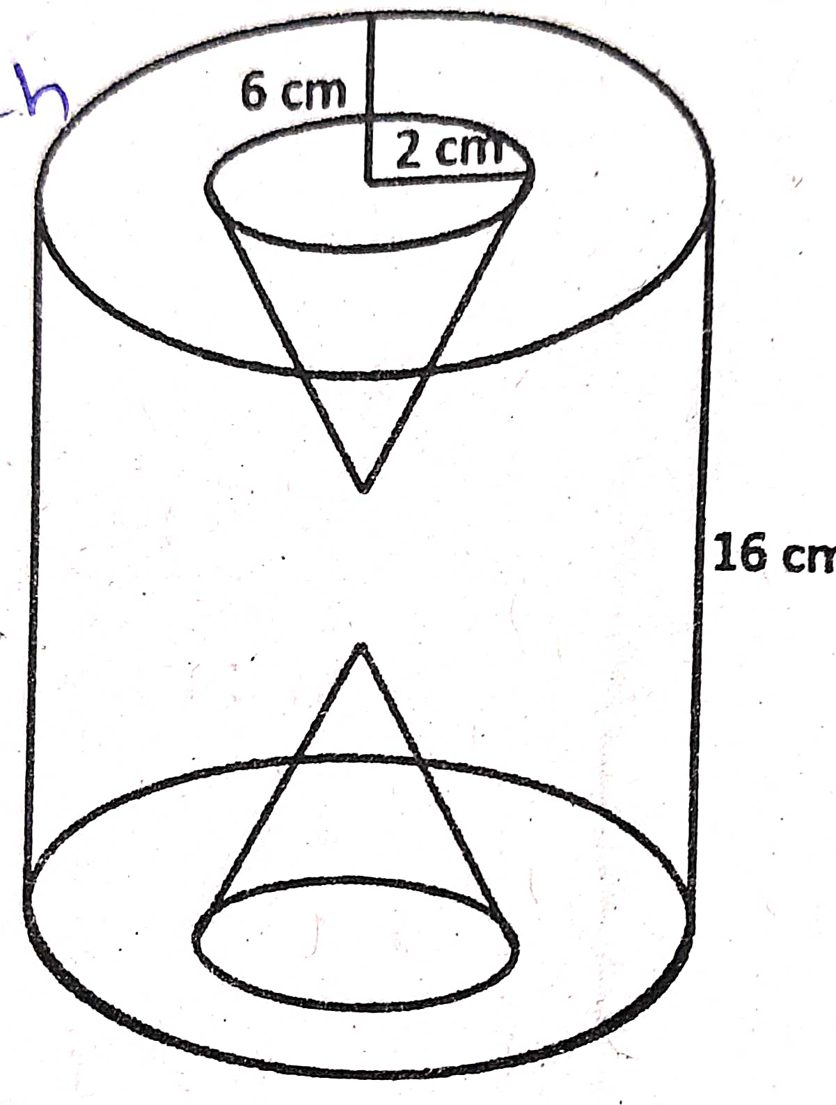 A solid wooden cylinder is of radius 6 cm and height 16 cm. Two cones each of radius 2 cm and height 6 cm are drilled out of the cylinder. Find the volume of the remaining solid.