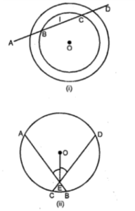 (a) In the figure (i) given below, a line l intersects two concentric circles at the points A, B, C and D. Prove that AB = CD