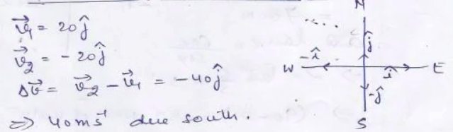 A car is going towards north with a velocity 20 m/s. After some time it starts to go towards south with velocity 20 m/s. Determine change in the velocity of the car.