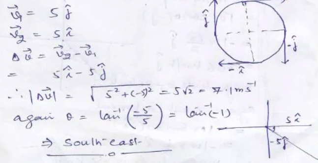 The velocity of a particle moving on a circular path is 5 cm/s towards north at any instant. After traversing one-fourth of the path its velocity is 5 cm/s towards east. Indicate the change in velocity in a vector diagram.