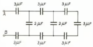 Que-43. Calculate the equivalent capacitance between the points A and B in the given circuit. If 100 V PD is established between A and B then what will be the charge on the capacitor closest to?