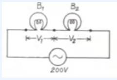 Que-46. Two bulbs B₁ and B2 are connected in series with an AC source of emf 200 V, as shown. The labels on the bulbs read 200V-60W and 200 V-100 W respectively. Calculate the ratio of: (i) the resistances of the bulbs (R1/R2), (ii) the power being consumed when connected in series (P1/P2), (iii) the PD across the bulbs (V1/V2).