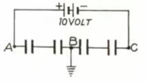 Que-45. Four capacitors of equal capacitances are joined in series with a battery of 10 V. The middle point B is connected to the earth. What will be the potentials of the points A and C?