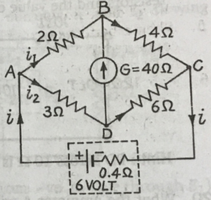 Que-28. Calculate the currents I, I1 and I2 in the given Wheatstone's network of resistors. The internal resistance of the 6 V battery is 0.4 Ω