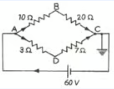 Que-29. The adjoining Wheatstone's and the point C is earthed. (a) Find the potentials at points B and D. (b) If galvanometer a be connected across BD, what will be the direction of current in it? (c) For what value of the resistor DC would the bridge be balanced? bridge is almost balanced C    