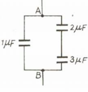 In the given combination of capacitors, the PD between the points A and B is 40 V. Find the effective capacitance between these points and charge on each capacitor.