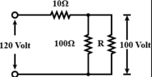 Find, in the given circuit, currents in 10 Ω and 100 Ω resistors and the value of R.