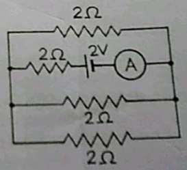 Compute the reading of the ammeter A in the given network of resistors.