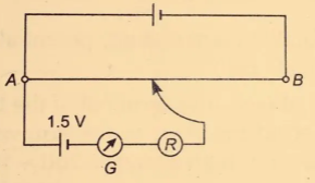 Que-38. A potentiometer wire of length 1 m is connected to a driver cell emf 3 V as shown in the figure. When a cell of emf 1.5 V is used in the secondary point is found to be 60 cm. On replacing this cell by a cell of unknown emf, the balance point shifts to 80 cm.