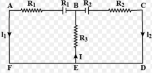 Que-18. In the circuit shown in figure, E1 = 17 V, E2 = 21 V R1 = 2 Ω, R2 = 3 Ω and R3 = 5 Ω. Using Kirchhoff's laws, find currents flowing through resistors R1, R2 and R3 (internal resistance of each of the batteries is negligible).