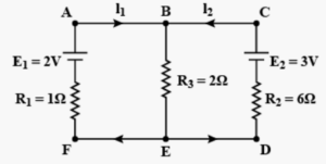 Que-19. In the given circuit E1 and E2 are two cells of emfs 2 V and 3 V respectively, having negligible internal resistances. Applying Kirchhoff's laws of electrical networks, find the values of I1 and I2.