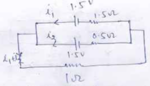 Que-22. Two cells A and B, each having emf 1.5 V and internal resistances 1.5 Ω and 0.5 Ω respectively, are joined in parallel with a 1.0 Ω resistor. Calculate currents drawn from the cells and their terminal PD's.