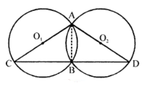 In the figure, AB is the common chord of two circles. If AC and AD are diameters, prove that D, B and C are in a straight line. O1 and O2 are the centres of the circles. 