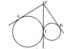 Two circles touch each other externally. Show that the lengths of the tangents, drawn to the two circles from any point on the common tangents, are equal (See figure). 
