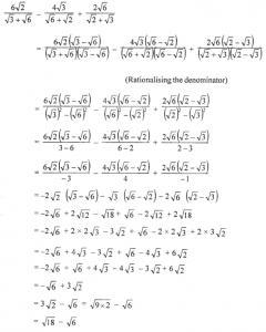 Que-11: Simplify: [6√2/{√3+√6}] − [4√3/{√6+√2}] + [2√6/{√2+√3}]