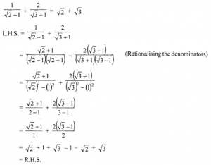 Que-10: Prove that [1{√2−1}] + [2/{√3+1}] = √2+√3.