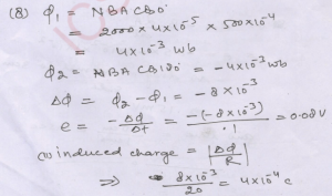 A coil of area 500 cm^2 and 2000 turns is kept normal to a magnetic field of 4 x 10^5 Wb m^-2. It is rotated through 180° in 0.1 s. (i) Calculate the average induced emf. (ii) If the total resistance of the circuit be 20 Ω, calculate the induced charge.